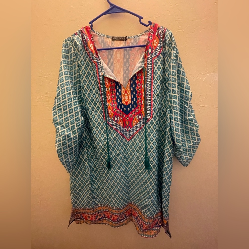Urban Coco XXL Vibrant Aqua Orange and Deep Pink  Geometric Women's Tunic
